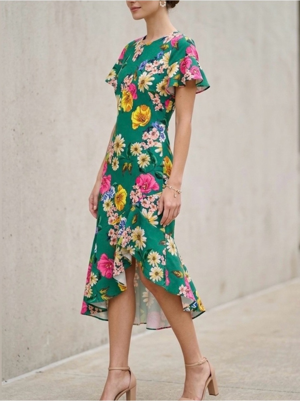 Black Halo Emerald Green Floral Midi Dress with Yellow & Pink Blooms
